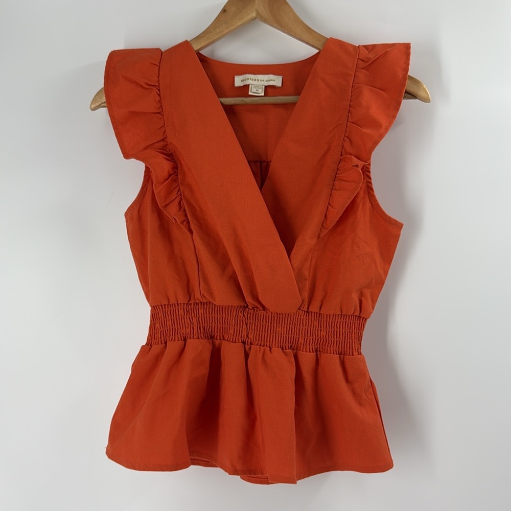 Monteau Linen blend ruffle shoulders peplum top feminine womens Medium